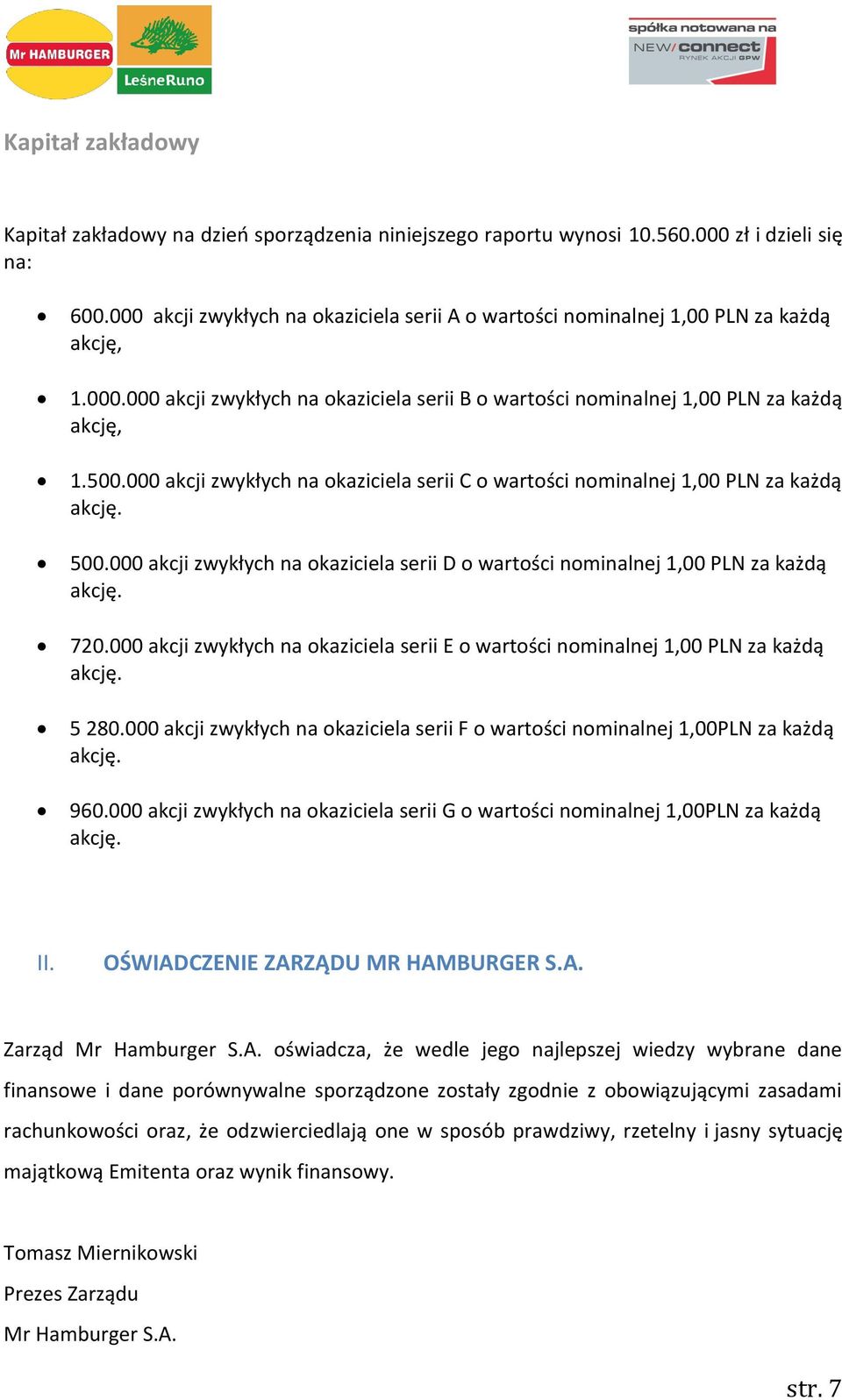 000 akcji zwykłych na okaziciela serii C o wartości nominalnej 1,00 PLN za każdą akcję. 500.000 akcji zwykłych na okaziciela serii D o wartości nominalnej 1,00 PLN za każdą akcję. 720.