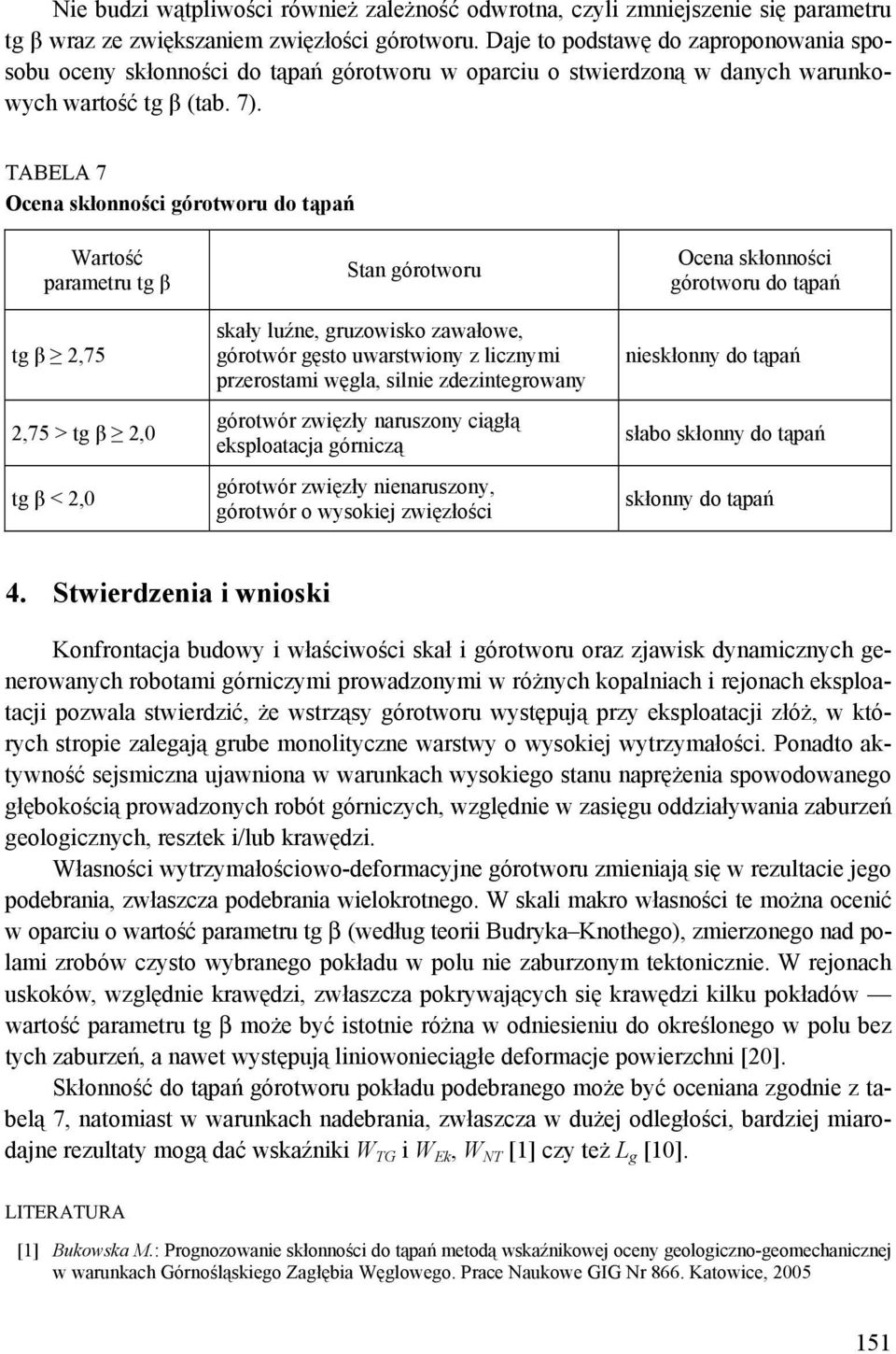 TABELA 7 Ocena skłonności górotworu do tąpań Wartość parametru tg β tg β 2,75 2,75 > tg β 2,0 tg β < 2,0 Stan górotworu skały luźne, gruzowisko zawałowe, górotwór gęsto uwarstwiony z licznymi