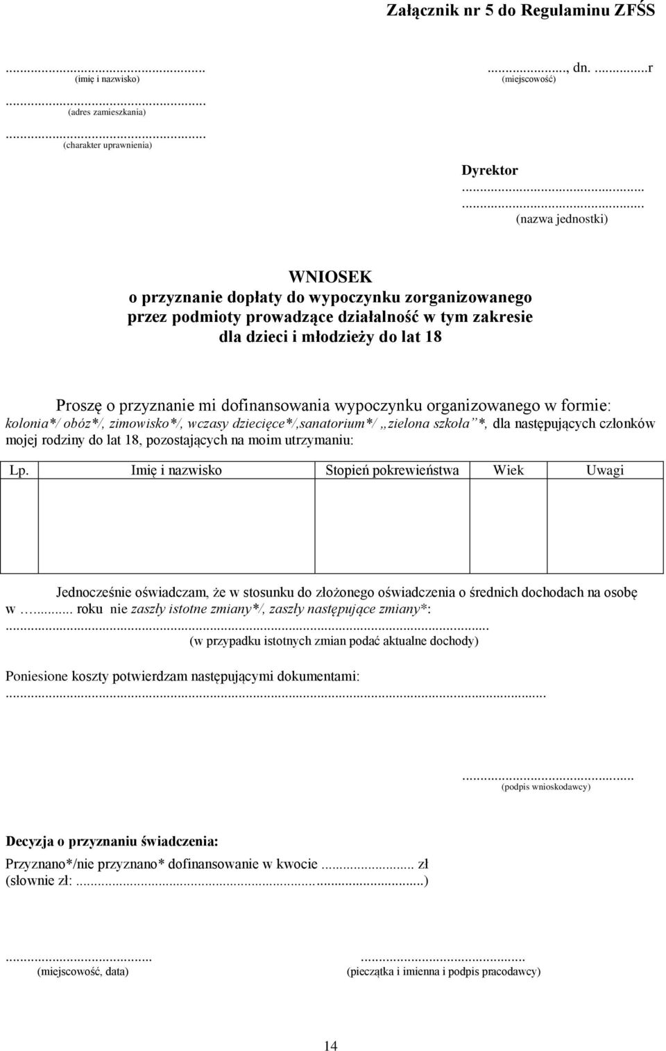 dofinansowania wypoczynku organizowanego w formie: kolonia*/ obóz*/, zimowisko*/, wczasy dziecięce*/,sanatorium*/ zielona szkoła *, dla następujących członków mojej rodziny do lat 18, pozostających