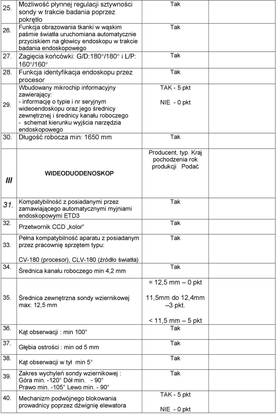 Funkcja identyfikacja endoskopu przez procesor Wbudowany mikrochip informacyjny TAK - 5 pkt zawierający: - informację o typie i nr seryjnym 29.