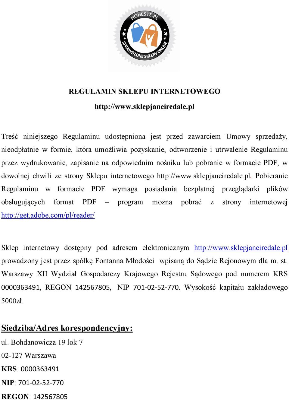 REGULAMIN SKLEPU INTERNETOWEGO - PDF Free Download