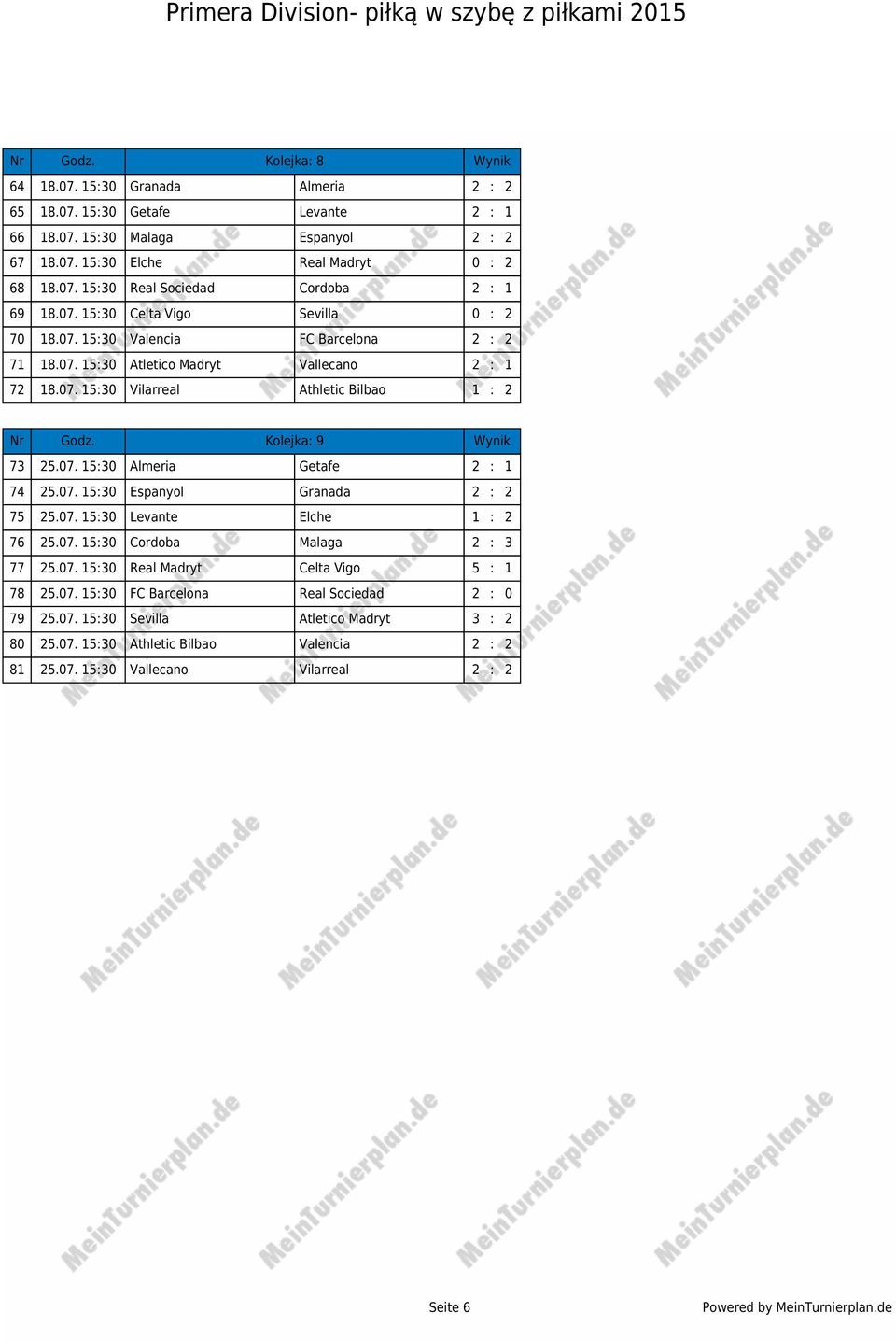 Kolejka: 9 Wynik 73 25.07. 15:30 Almeria Getafe 2 : 1 74 25.07. 15:30 Espanyol Granada 2 : 2 75 25.07. 15:30 Levante Elche 1 : 2 76 25.07. 15:30 Cordoba Malaga 2 : 3 77 25.07. 15:30 Real Madryt Celta Vigo 5 : 1 78 25.