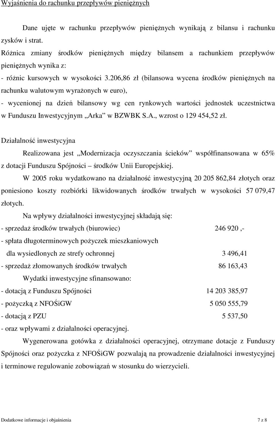 206,86 zł (bilansowa wycena środków pienięŝnych na rachunku walutowym wyraŝonych w euro), - wycenionej na dzień bilansowy wg cen rynkowych wartości jednostek uczestnictwa w Funduszu Inwestycyjnym