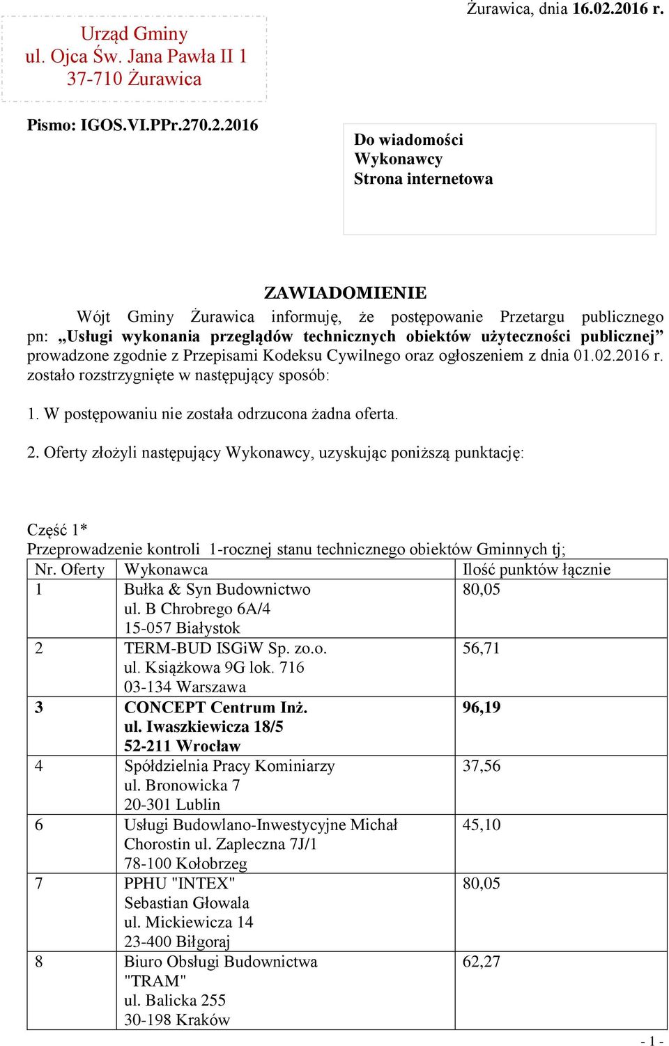 Kodeksu Cywilnego oraz ogłoszeniem z dnia 01.02.2016 r. zostało rozstrzygnięte w następujący sposób: 1. W postępowaniu nie została odrzucona żadna oferta. 2.