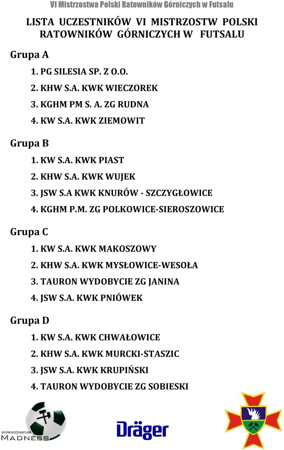 A KWK KNURÓW - SZCZYGŁOWICE 4. KGHM P.M. ZG POLKOWICE-SIEROSZOWICE 1. KW S.A. KWK MAKOSZOWY 2. KHW S.A. KWK MYSŁOWICE-WESOŁA 3.