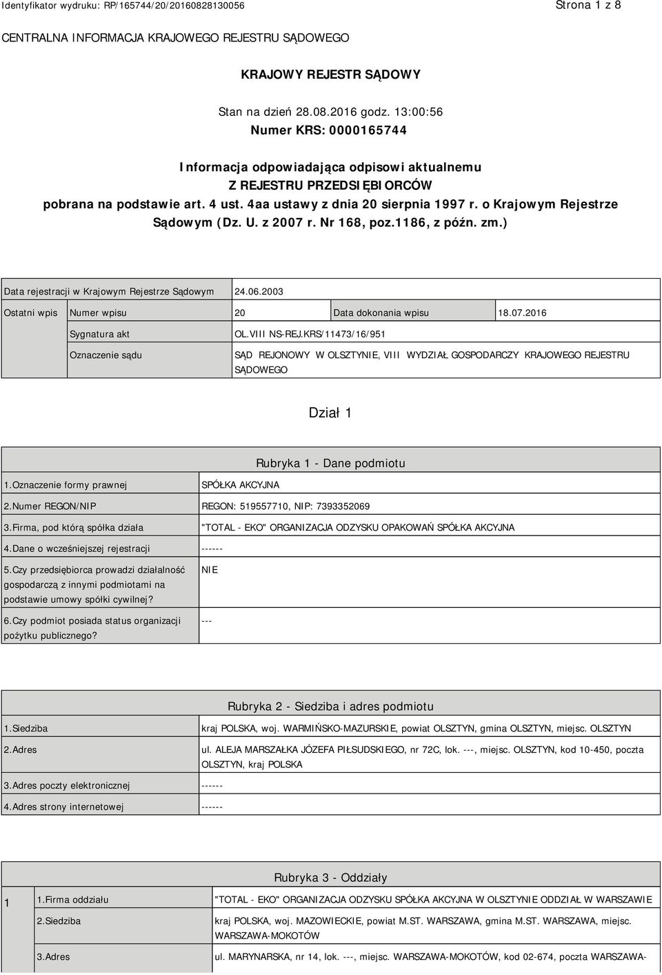 o Krajowym Rejestrze Sądowym (Dz. U. z 2007 r. Nr 168, poz.1186, z późn. zm.) Data rejestracji w Krajowym Rejestrze Sądowym 24.06.2003 Ostatni wpis Numer wpisu 20 Data dokonania wpisu 18.07.2016 Sygnatura akt Oznaczenie sądu OL.