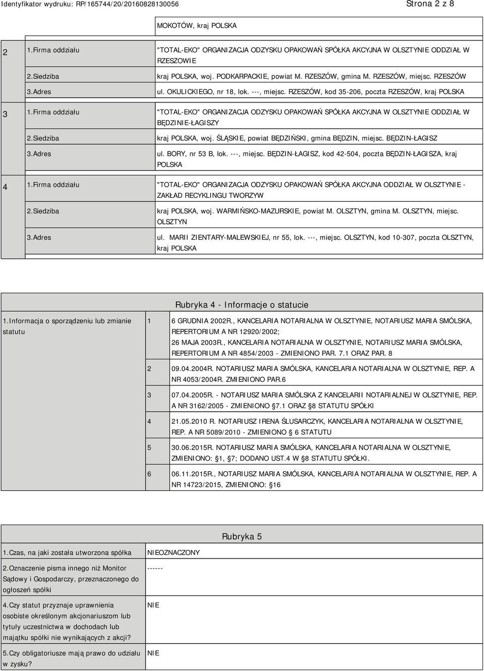 Firma oddziału "TOTAL-EKO" ORGANIZACJA ODZYSKU OPAKOWAŃ SPÓŁKA AKCYJNA W OLSZTY ODDZIAŁ W BĘDZI-ŁAGISZY 2.Siedziba 3.Adres kraj POLSKA, woj. ŚLĄSKIE, powiat BĘDZIŃSKI, gmina BĘDZIN, miejsc.