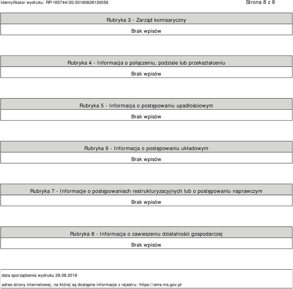 postępowaniach restrukturyzacyjnych lub o postępowaniu naprawczym Rubryka 8 - Informacja o zawieszeniu działalności