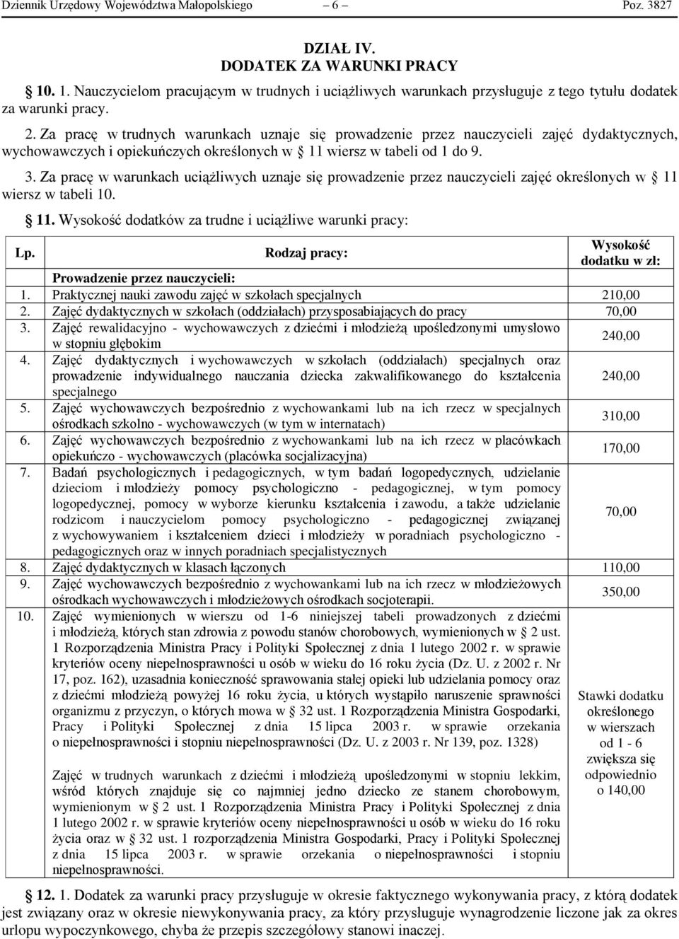 Za pracę w trudnych warunkach uznaje się prowadzenie przez nauczycieli zajęć dydaktycznych, wychowawczych i opiekuńczych określonych w 11 wiersz w tabeli od 1 do 9. 3.