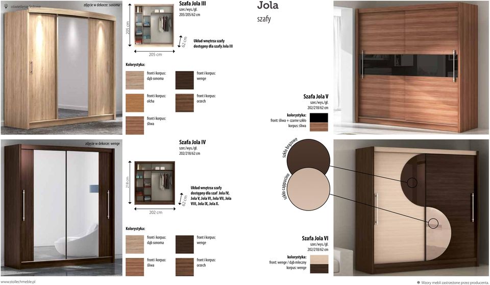 dekorze: wenge Szafa Jola IV 202/218/62 cm szkło brązowe 218 cm 62 cm Układ wnętrza szafy dostępny dla szaf Jola IV, Jola V, Jola VI, Jola