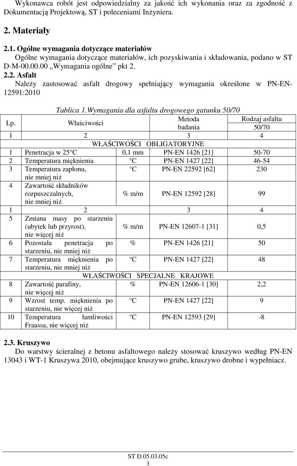 2.2. Asfalt Należy zastosować asfalt drogowy spełniający wymagania określone w PN-EN- 12591:2010 Tablica 1.Wymagania dla asfaltu drogowego gatunku 50/70 Lp.