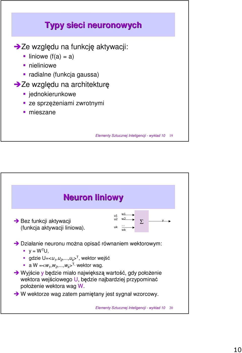 Σ Działanie neuronu mona opisa równaniem wektorowym: y = W T U, gdzie U=<u,u,...,u k > T, wektor wej a W =<w,w,...,w k > T, wektor wag.