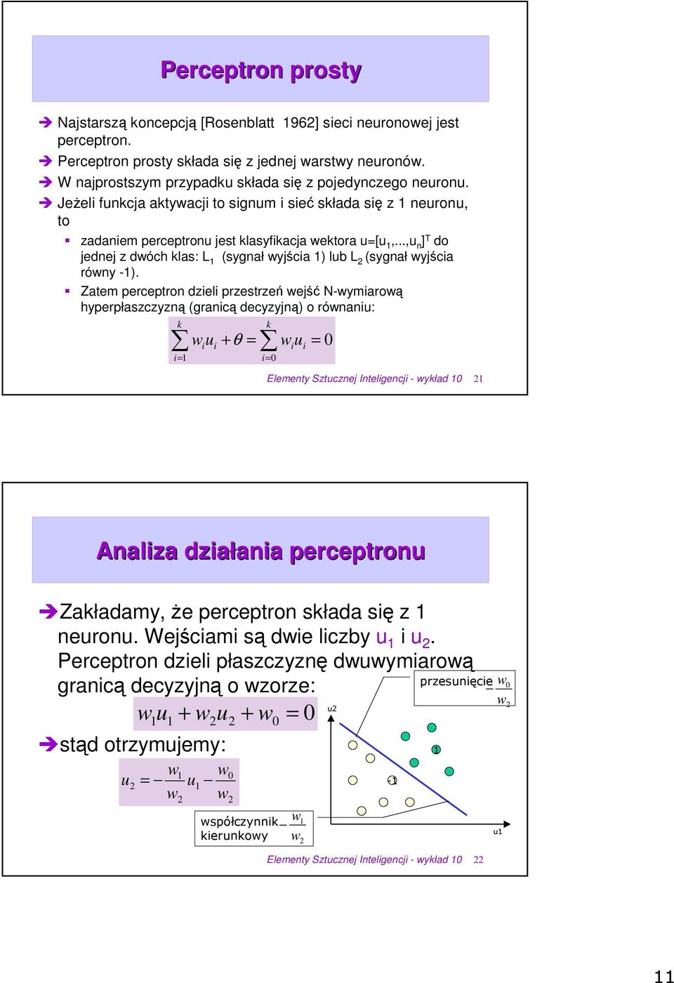 Zatem perceptron dzieli przestrze wej N-wymiarow hyperpłaszczyzn (granic decyzyjn) o równaniu: k i= wiui + θ = wiui k i= = Elementy Sztucznej Inteligencji - wykład Analiza działania perceptronu