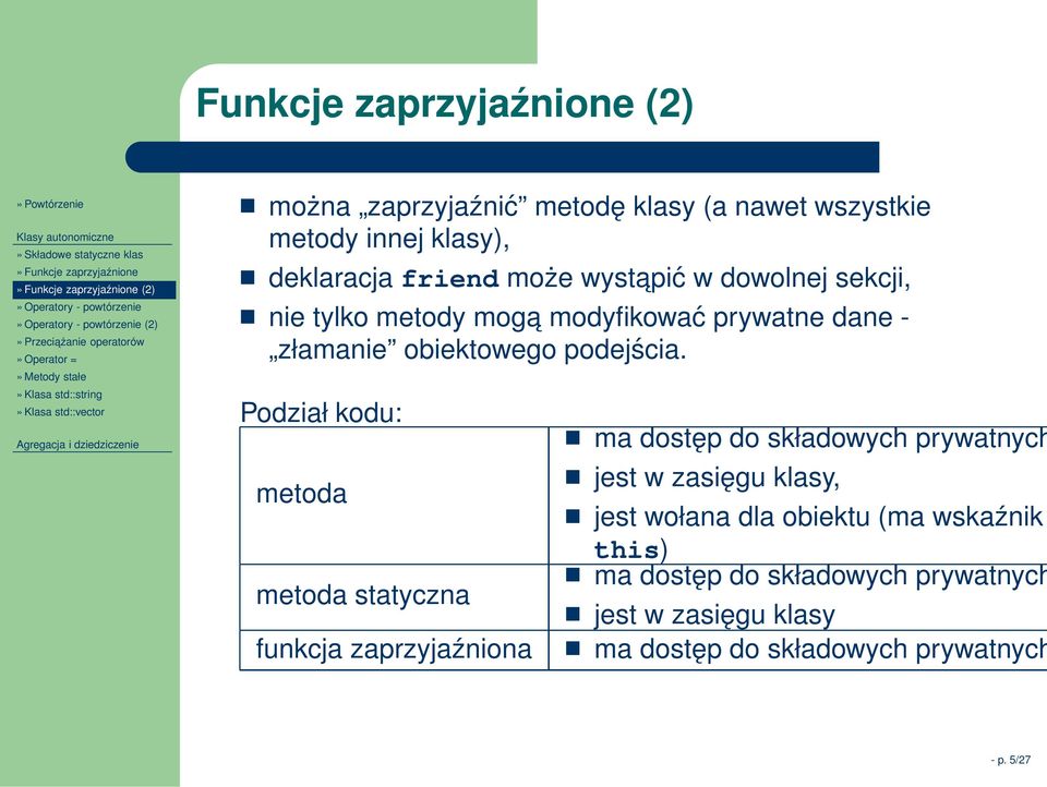 w dowolnej sekcji, nie tylko metody moga modyfikować prywatne dane - złamanie obiektowego podejścia.
