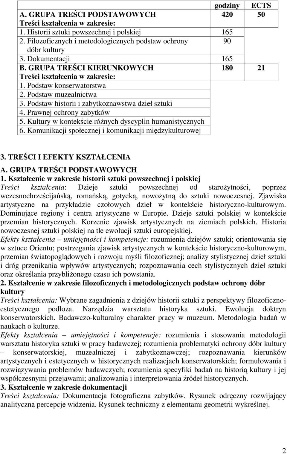 Prawnej ochrony zabytków 5. Kultury w kontekcie rónych dyscyplin humanistycznych 6. Komunikacji społecznej i komunikacji midzykulturowej 3. TRECI I EFEKTY KSZTAŁCENIA A. GRUPA TRECI PODSTAWOWYCH 1.