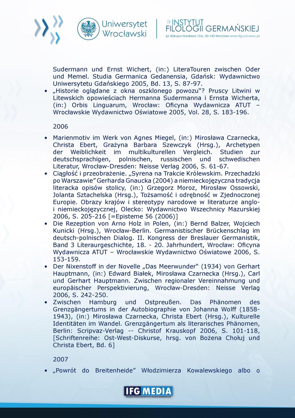 Pruscy Litwini w Litewskich opowieściach Hermanna Sudermanna i Ernsta Wicherta, (in:) Orbis Linguarum, Wrocław: Oficyna Wydawnicza ATUT Wrocławskie Wydawnictwo Oświatowe 2005, Vol. 28, S. 183-196.