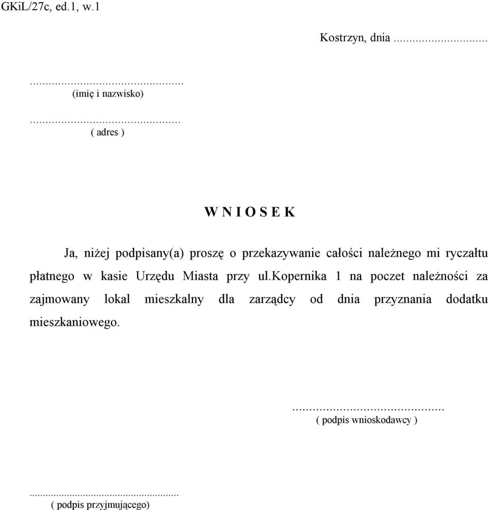 ryczałtu płatnego w kasie Urzędu Miasta przy ul.