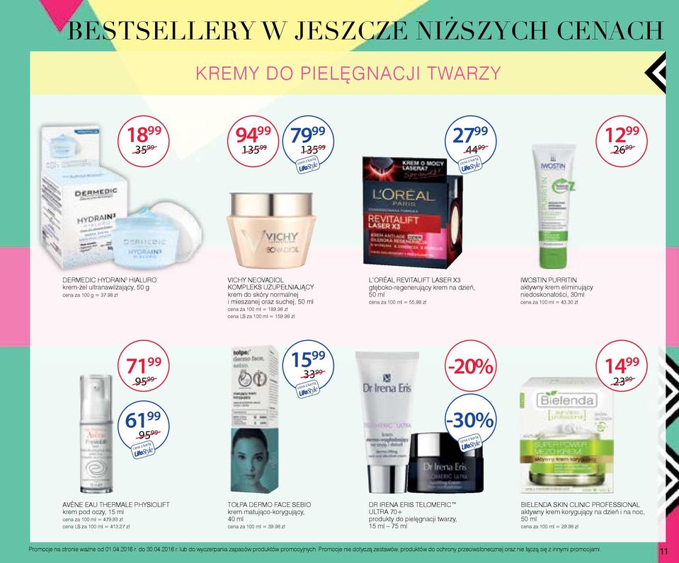 98 zł L ORÉAL REVITALIFT LASER X3 głęboko-regenerujący krem na dzień, 50 ml cena za 100 ml = 55.98 zł IWOSTIN PURRITIN aktywny krem eliminujący niedoskonałości, 30ml cena za 100 ml = 43.
