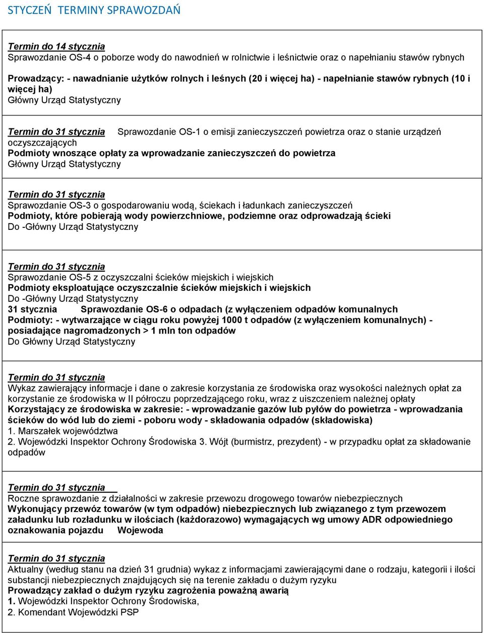 wnoszące opłaty za wprowadzanie zanieczyszczeń do powietrza Główny Urząd Statystyczny Sprawozdanie OS-3 o gospodarowaniu wodą, ściekach i ładunkach zanieczyszczeń Podmioty, które pobierają wody