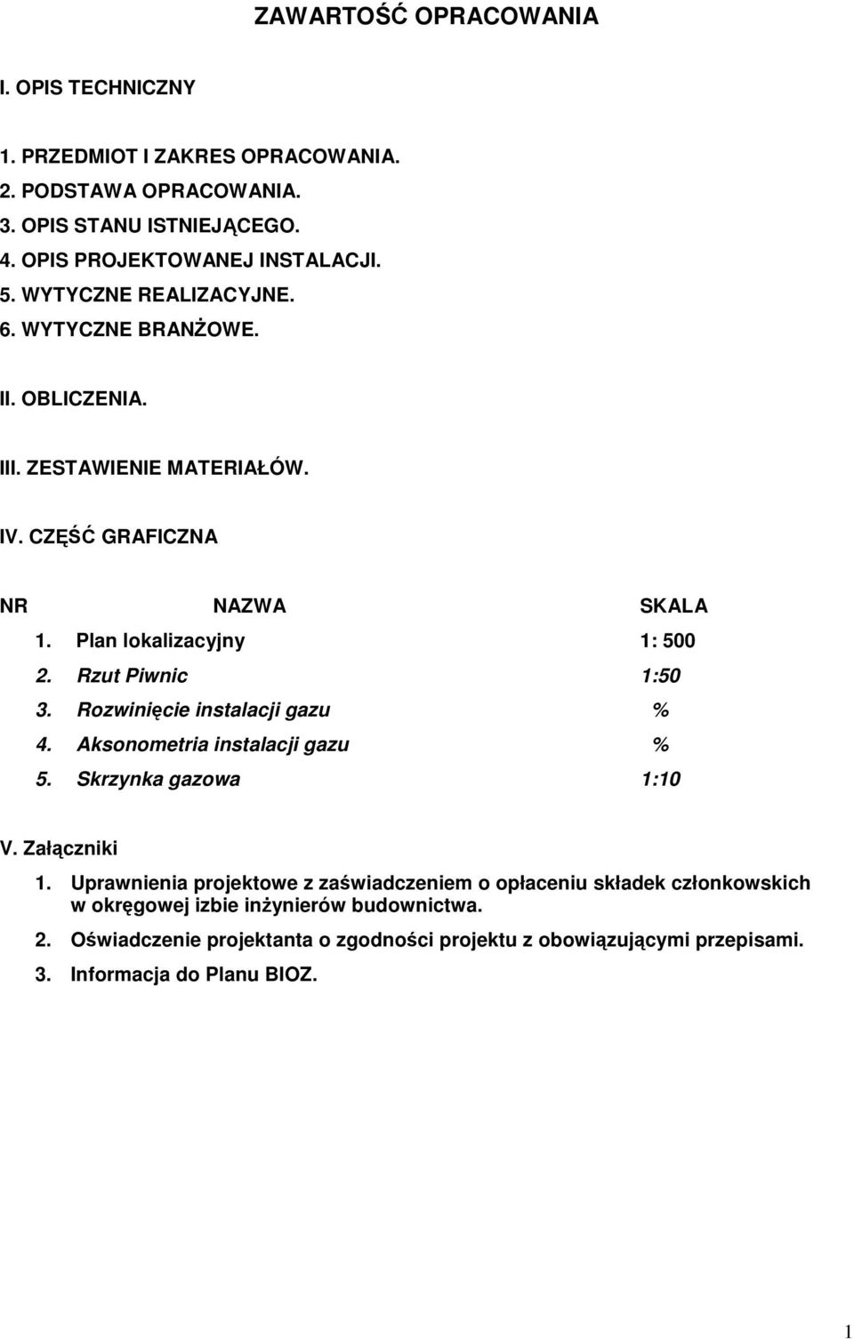 Rzut Piwnic 1:50 3. Rozwinięcie instalacji gazu % 4. Aksonometria instalacji gazu % 5. Skrzynka gazowa 1:10 V. Załączniki 1.