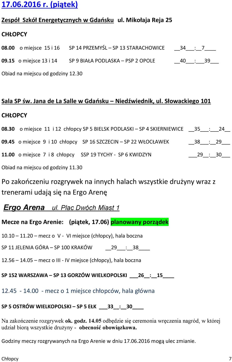 30 o miejsce 11 i 12 chłopcy SP 5 BIELSK PODLASKI SP 4 SKIERNIEWICE 35 24 09.45 o miejsce 9 i 10 chłopcy SP 16 SZCZECIN SP 22 WŁOCŁAWEK 38 29 11.