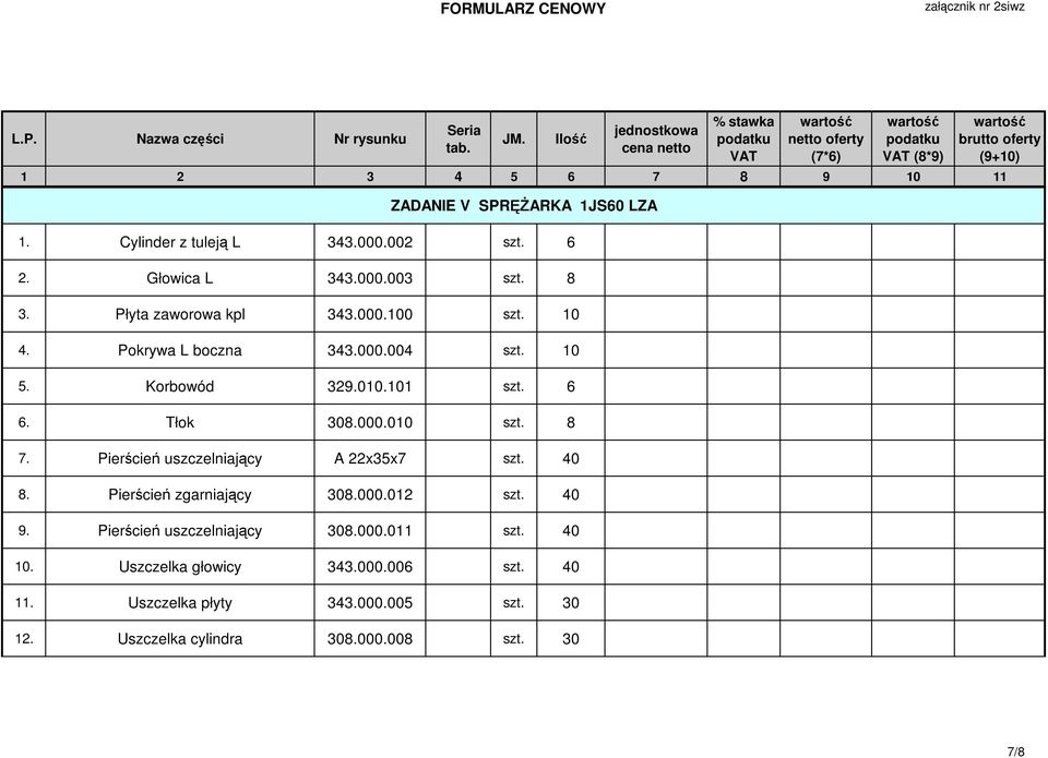 8 7. Pierścień uszczelniający A 22x35x7 szt. 40 8. Pierścień zgarniający 308.000.012 szt. 40 9. Pierścień uszczelniający 308.000.011 szt.