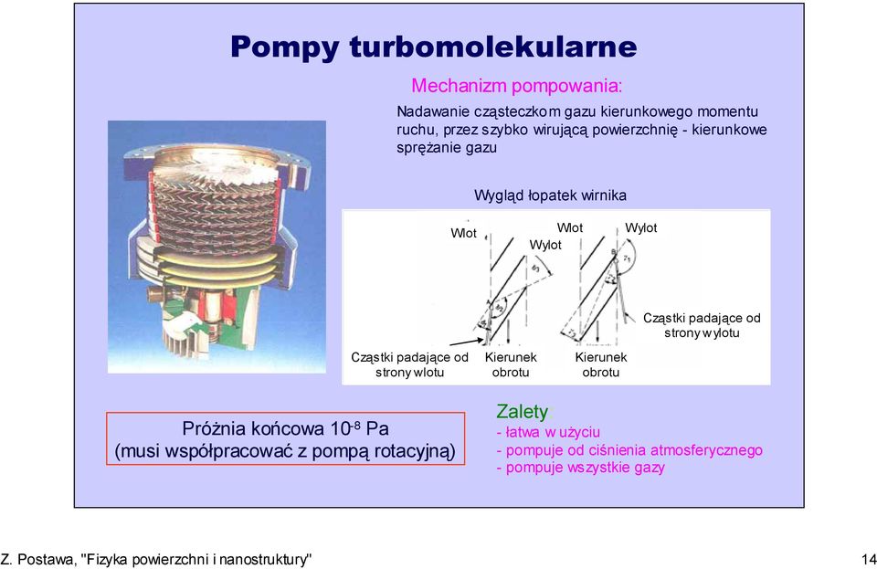padające od strony wlotu Kierunek obrotu Kierunek obrotu Próżnia końcowa 10-8 Pa (musi współpracować z pompą rotacyjną) Zalety: