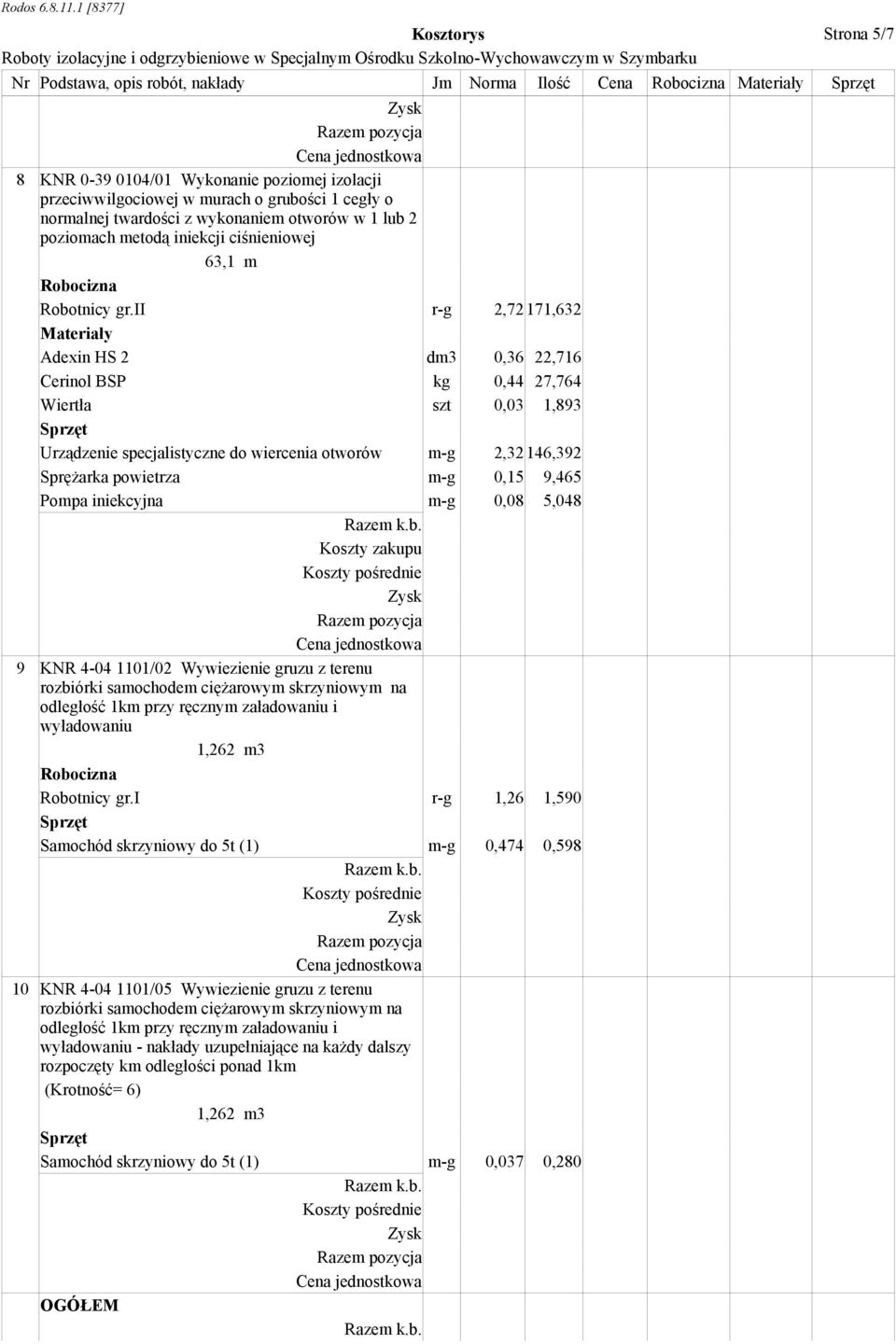 ii r-g 2,72 171,632 Adexin HS 2 dm3 0,36 22,716 Cerinol BSP kg 0,44 27,764 Wiertła szt 0,03 1,893 Urządzenie specjalistyczne do wiercenia otworów m-g 2,32 146,392 Sprężarka powietrza m-g 0,15 9,465