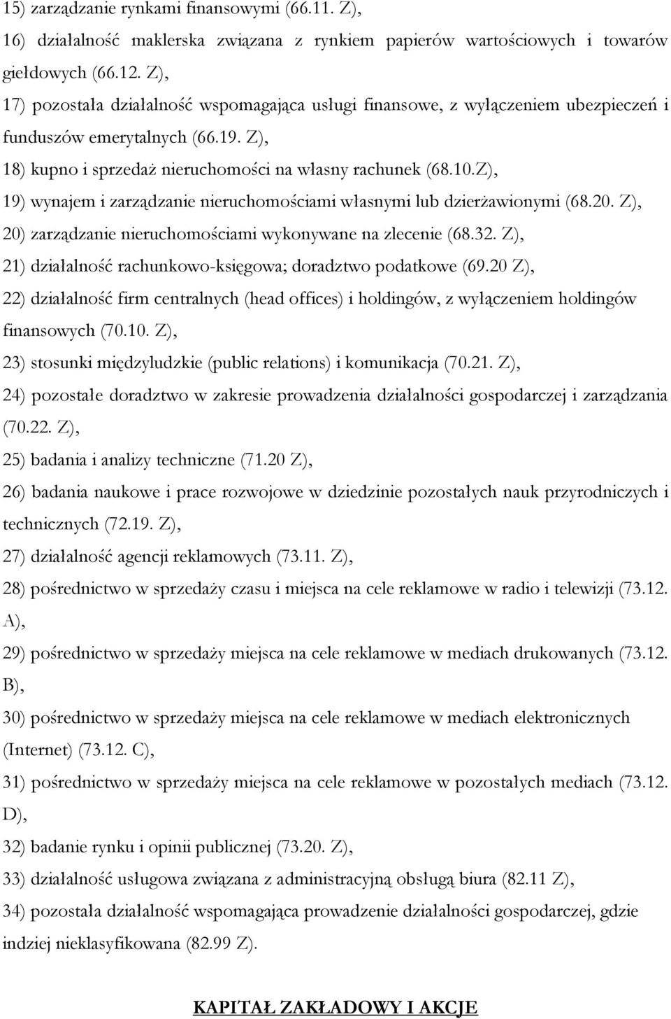 Z), 19) wynajem i zarządzanie nieruchomościami własnymi lub dzierżawionymi (68.20. Z), 20) zarządzanie nieruchomościami wykonywane na zlecenie (68.32.