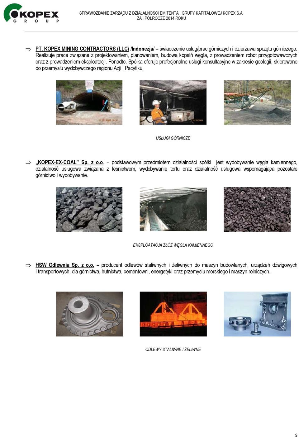 Ponadto, Spółka oferuje profesjonalne usługi konsultacyjne w zakresie geologii, skierowane do przemysłu wydobywczego regionu Azji i Pacyfiku. USŁUGI GÓRNICZE KOPEX-EX-COAL Sp. z o.o. podstawowym