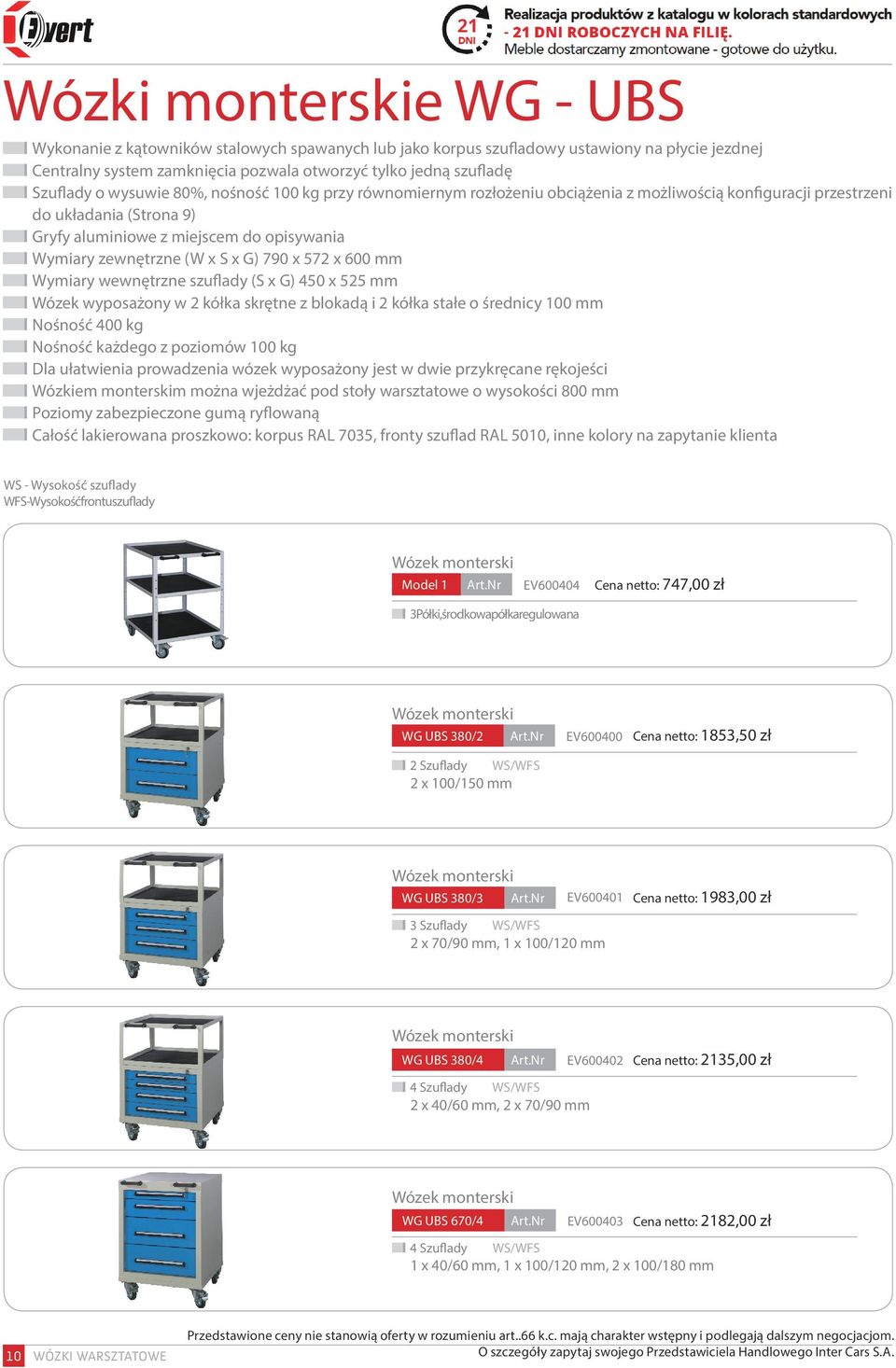 x G) 790 x 572 x 600 mm Wymiary wewnętrzne szuflady (S x G) 450 x 525 mm Wózek wyposażony w 2 kółka skrętne z blokadą i 2 kółka stałe o średnicy 100 mm Nośność 400 kg Nośność każdego z poziomów 100