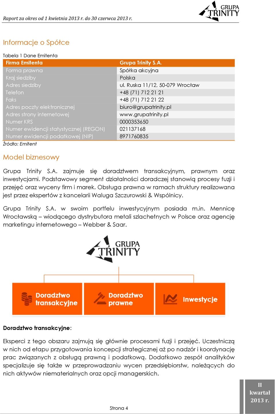 pl Adres strony internetowej www.grupatrinity.pl Numer KRS 0000353650 Numer ewidencji statystycznej (REGON) 021137168 Numer ewidencji podatkowej (NIP) 8971760835 Model biznesowy Grupa Trinity S.A. zajmuje się doradztwem transakcyjnym, prawnym oraz inwestycjami.