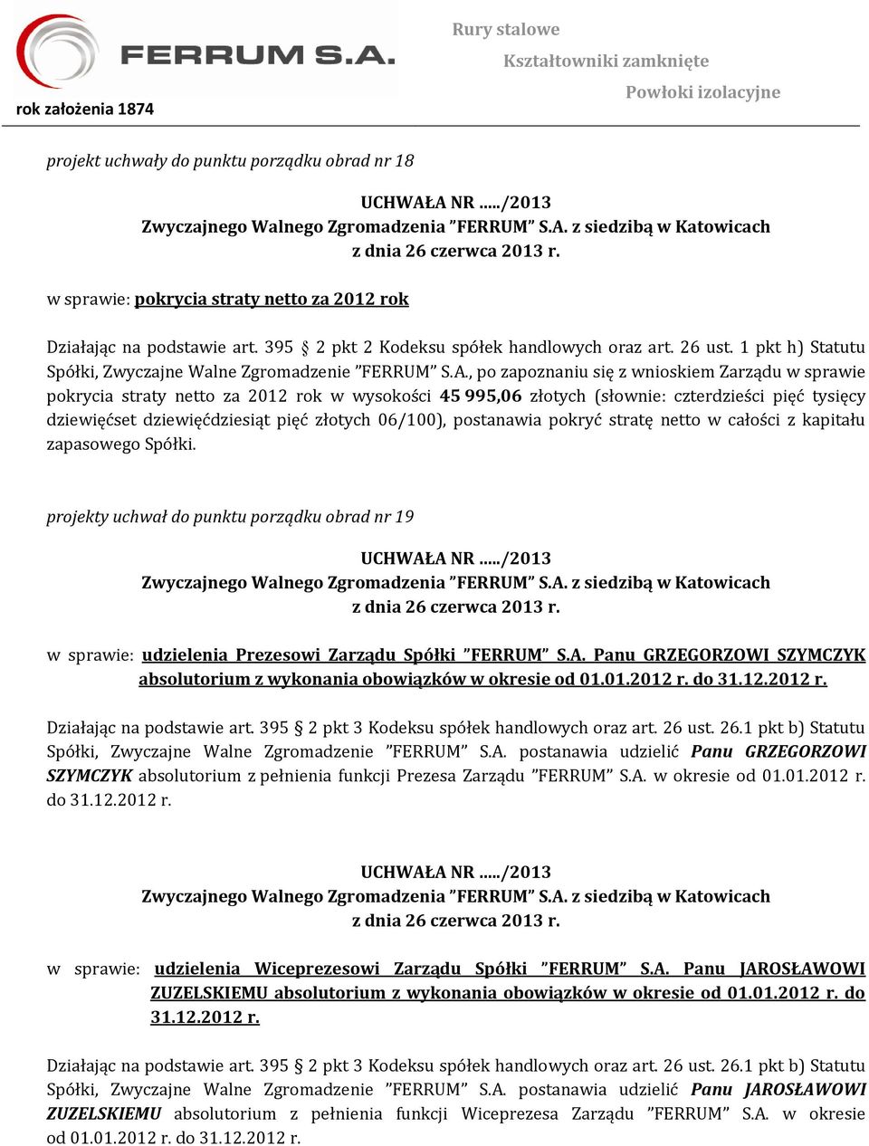 , po zapoznaniu się z wnioskiem Zarządu w sprawie pokrycia straty netto za 2012 rok w wysokości 45 995,06 złotych (słownie: czterdzieści pięć tysięcy dziewięćset dziewięćdziesiąt pięć złotych