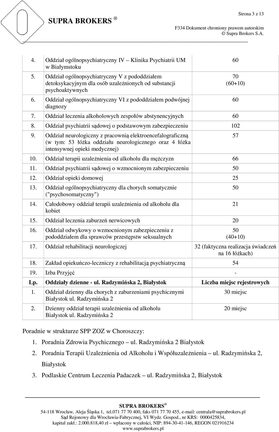 Oddział leczenia alkoholowych zespołów abstynencyjnych 60 8. Oddział psychiatrii sądowej o podstawowym zabezpieczeniu 102 9.