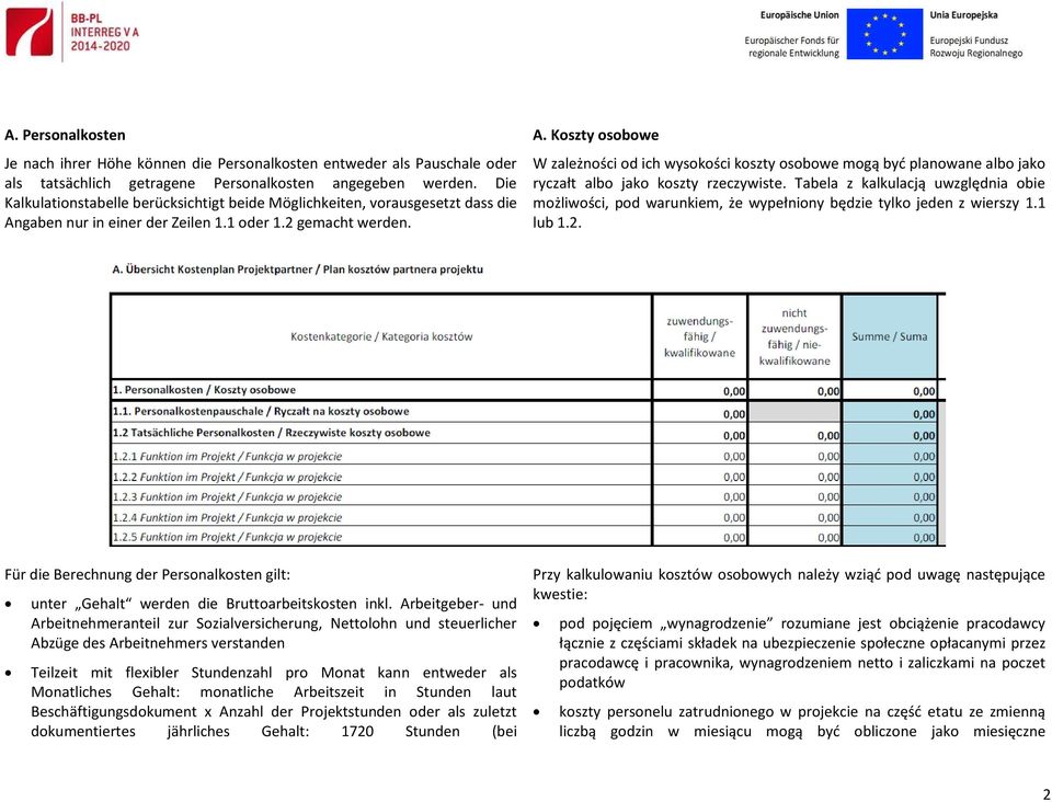 gaben nur in einer der Zeilen 1.1 oder 1.2 gemacht werden. A. Koszty osobowe W zależności od ich wysokości koszty osobowe mogą być planowane albo jako ryczałt albo jako koszty rzeczywiste.