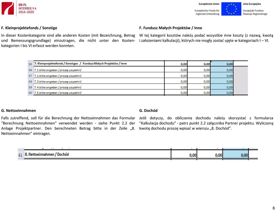 Fundusz Małych Projektów / Inne W tej kategorii kosztów należy podać wszystkie inne koszty (z nazwą, kwotą i założeniami kalkulacji), których nie mogły zostać ujęte w kategoriach I VI. G.