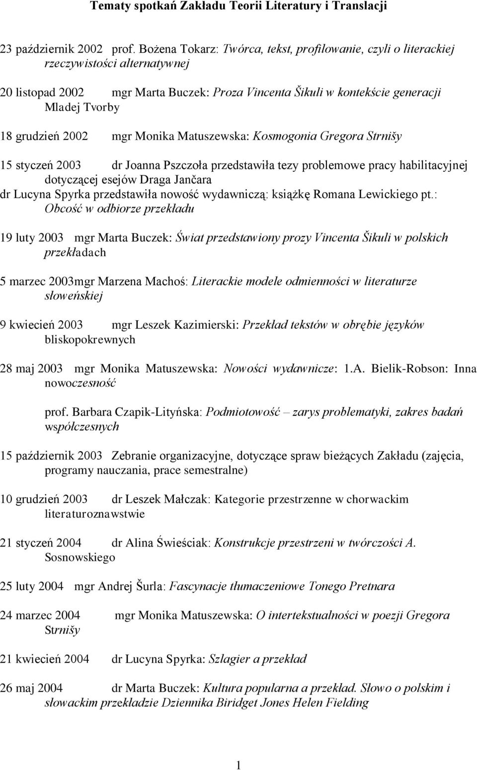 2002 mgr Monika Matuszewska: Kosmogonia Gregora Strnišy 15 styczeń 2003 dr Joanna Pszczoła przedstawiła tezy problemowe pracy habilitacyjnej dotyczącej esejów Draga Jančara dr Lucyna Spyrka