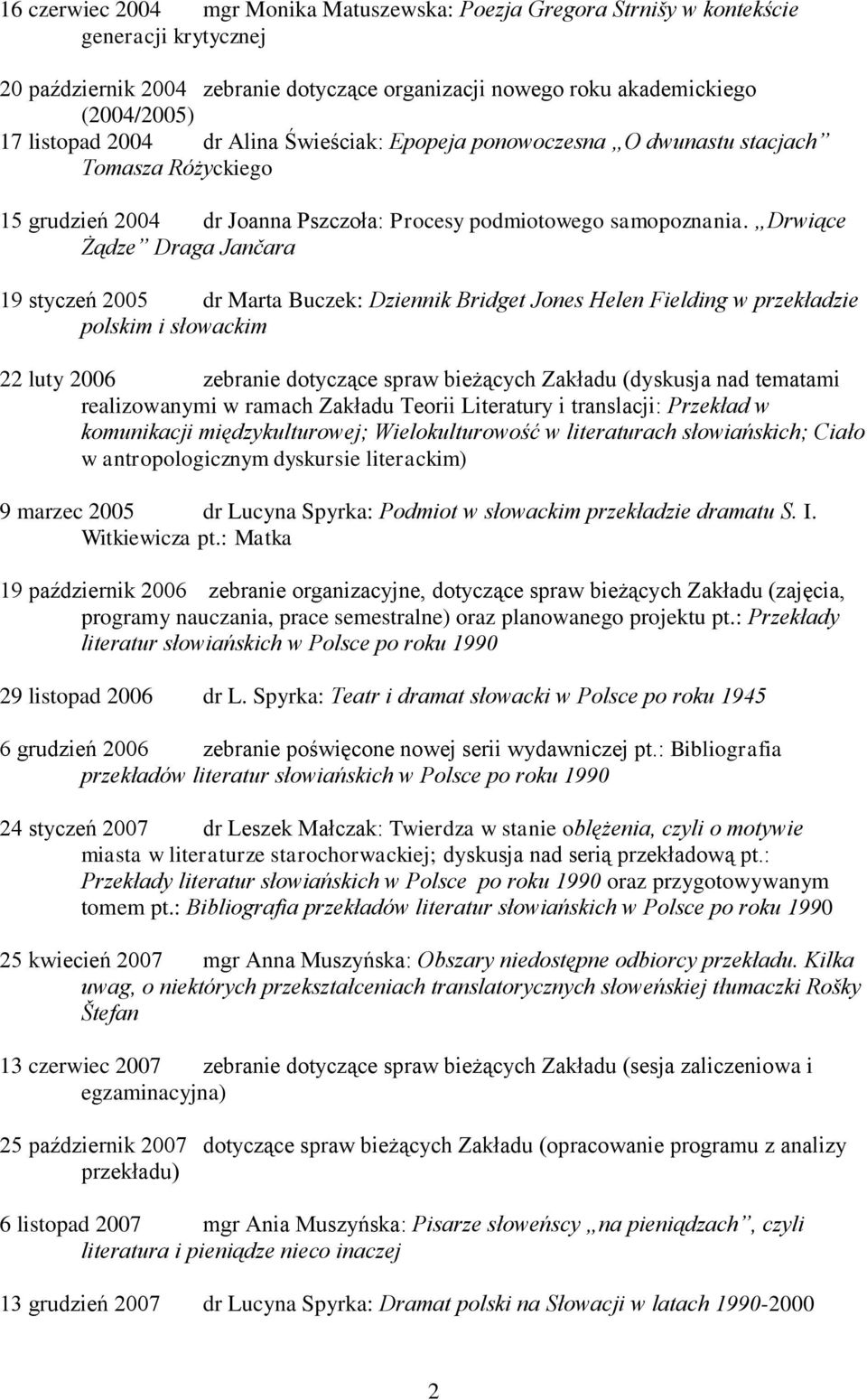 Drwiące Żądze Draga Jančara 19 styczeń 2005 dr Marta Buczek: Dziennik Bridget Jones Helen Fielding w przekładzie polskim i słowackim 22 luty 2006 zebranie dotyczące spraw bieżących Zakładu (dyskusja