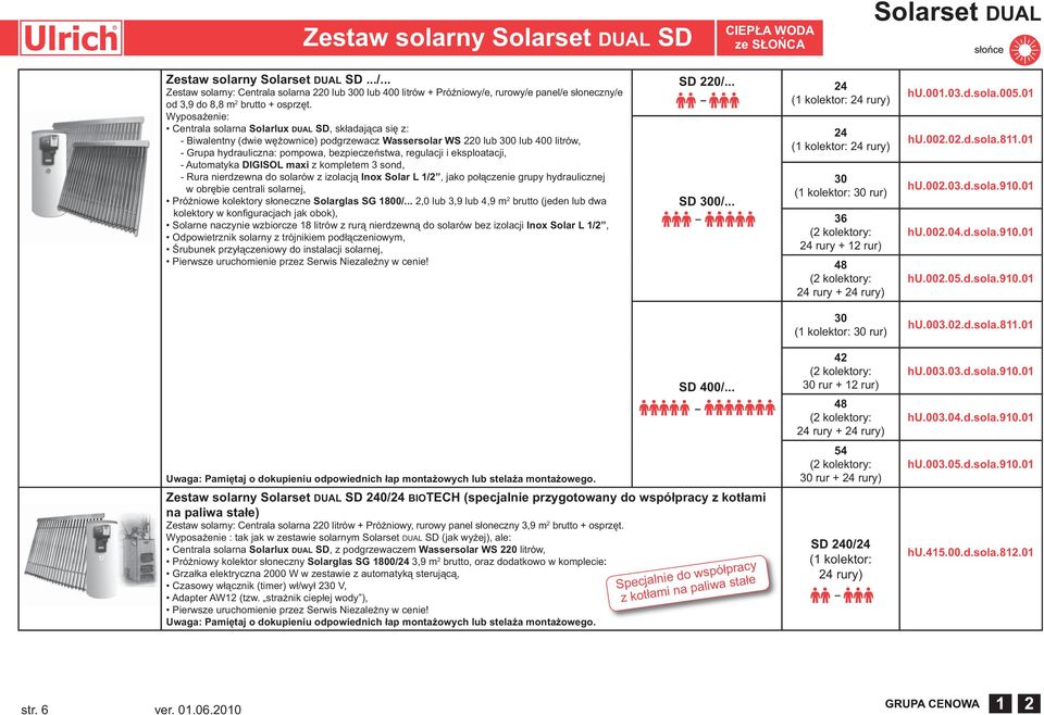 Wyposażenie: Centrala solarna Solarlux DUAL SD, składająca się z: - Biwalentny (dwie wężownice) podgrzewacz Wassersolar WS 220 lub 300 lub 400 litrów, - Grupa hydrauliczna: pompowa, bezpieczeństwa,