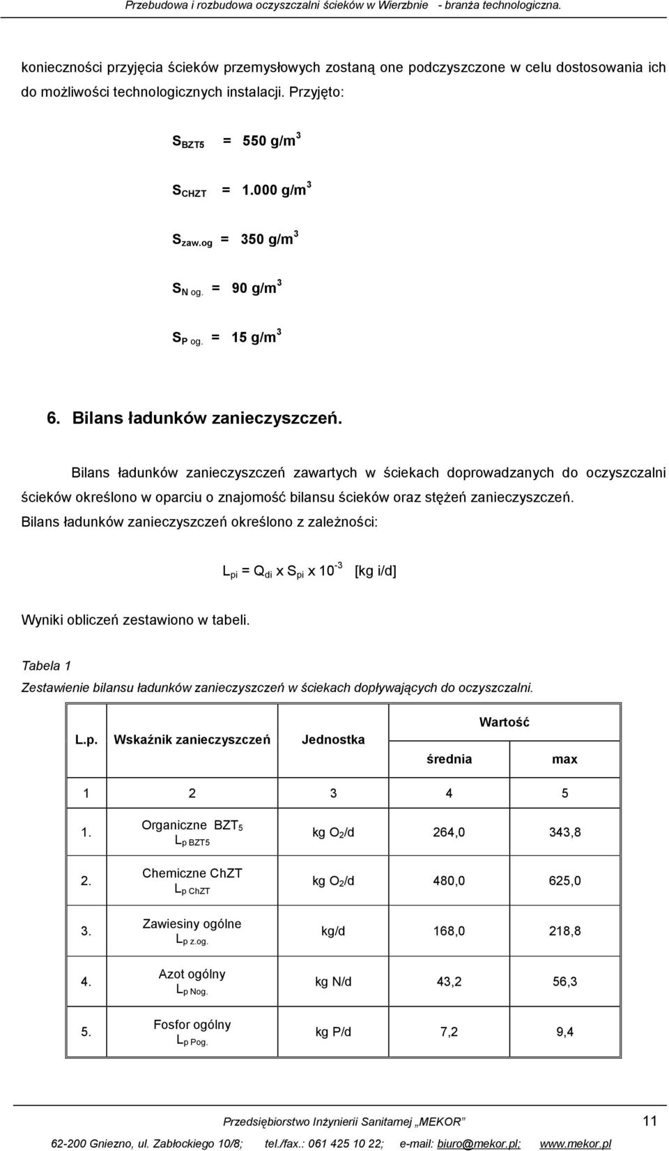 Bilans ładunków zanieczyszczeń zawartych w ściekach doprowadzanych do oczyszczalni ścieków określono w oparciu o znajomość bilansu ścieków oraz stężeń zanieczyszczeń.