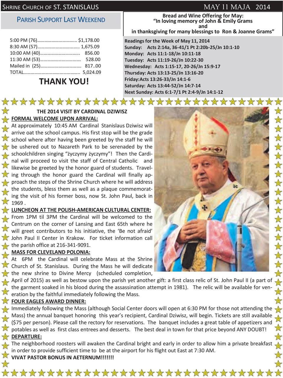 Bread and Wine Offering for May: In loving memory of John & Emily Grams and in thanksgiving for many blessings to Ron & Joanne Grams Readings for the Week of May 11, 2014 Sunday: Acts 2:14a, 36-41/1