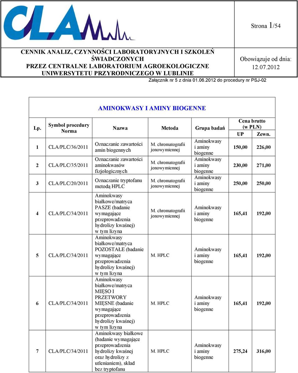 amin biogennych Oznaczanie zawartości aminokwasów fizjologicznych Oznaczanie tryptofanu metodą HPLC Aminokwasy białkowe/matryca PASZE (badanie wymagające przeprowadzenia hydrolizy kwaśnej) w tym