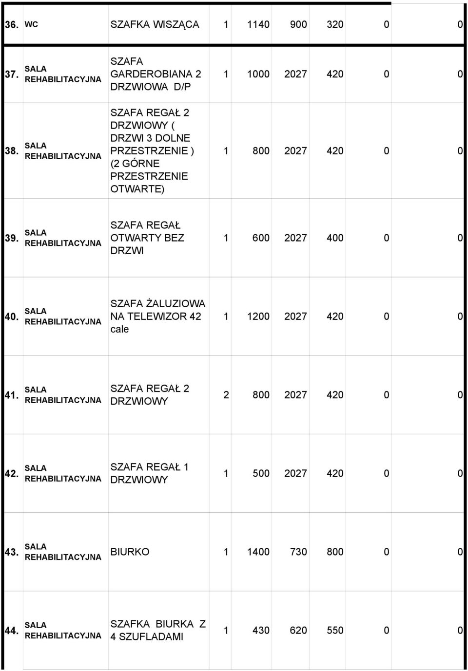 1000 2027 420 0 0 1 800 2027 420 0 0 39. OTWARTY BEZ DRZWI 1 600 2027 400 0 0 40.