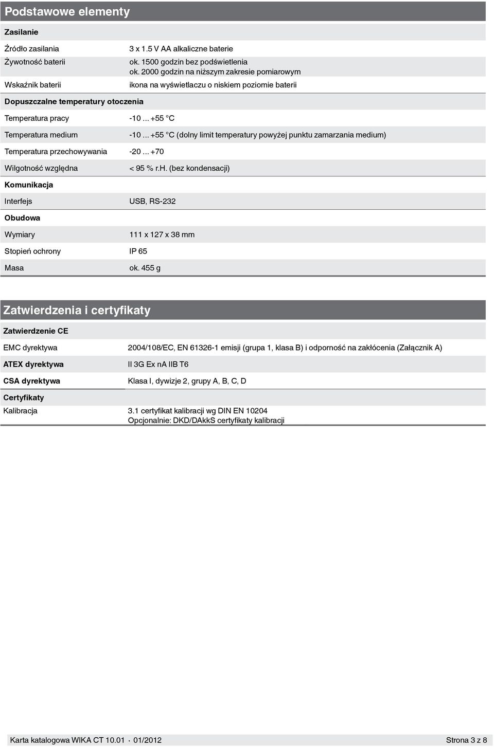 .. +55 C (dolny limit temperatury powyżej punktu zamarzania medium) Temperatura przecho