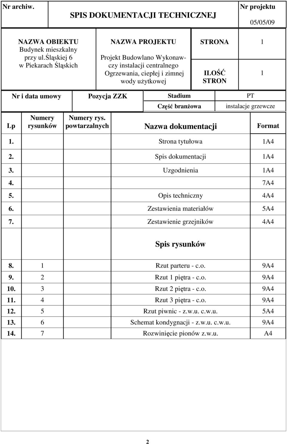 Stadium PT Numery rysunków Część branŝowa instalacje grzewcze Numery rys. powtarzalnych Nazwa dokumentacji Format. Strona tytułowa A4. Spis dokumentacji A4 3. Uzgodnienia A4 4. 7A4 5.