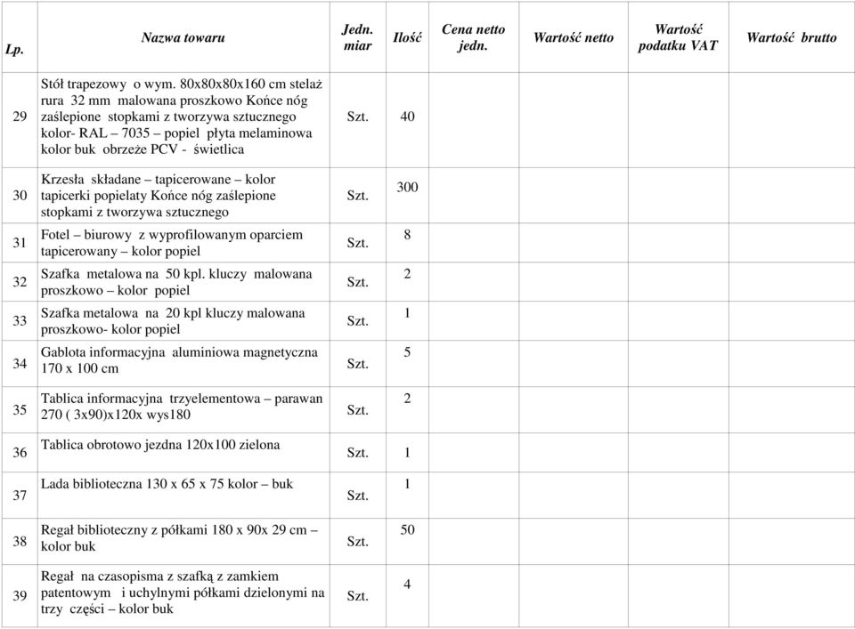 Krzesła składane tapicerowane kolor tapicerki popielaty Końce nóg zaślepione stopkami z tworzywa sztucznego Fotel biurowy z wyprofilowanym oparciem tapicerowany kolor popiel Szafka metalowa na 50 kpl.