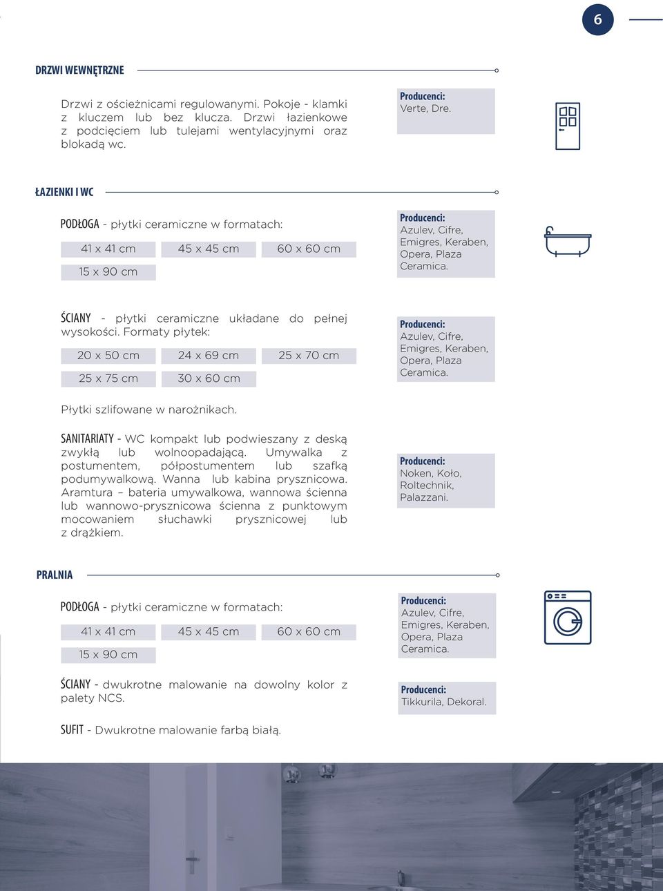 SANITARIATY - WC kompakt lub podwieszany z deską zwykłą lub wolnoopadającą. Umywalka z postumentem, półpostumentem lub szafką podumywalkową. Wanna lub kabina prysznicowa.