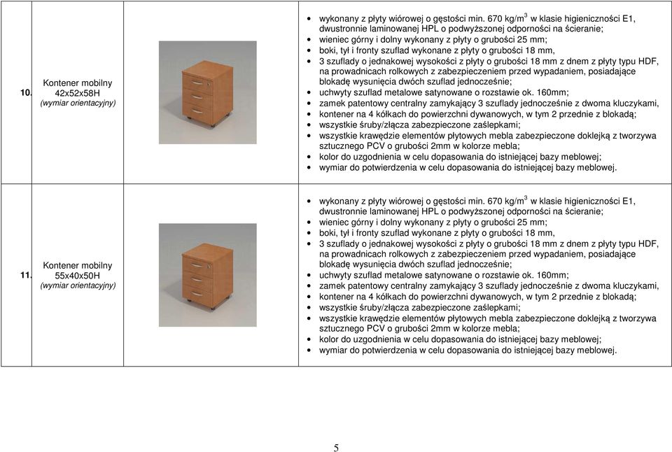 rozstawie ok. 160mm; zamek patentowy centralny zamykający 3 szuflady jednocześnie z dwoma kluczykami, kontener na 4 kółkach do powierzchni dywanowych, w tym 2 przednie z blokadą; 11.
