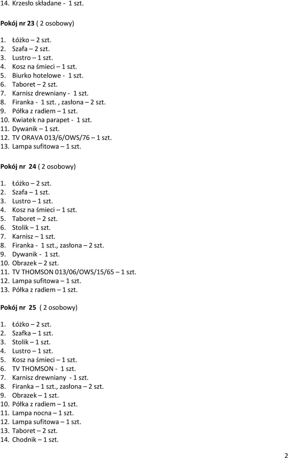 Karnisz 1 szt. 8. Firanka - 1 szt., zasłona 2 szt. 9. Dywanik - 1 szt. 10. Obrazek 2 szt. 11. TV THOMSON 013/06/OWS/15/65 1 szt. 12. Lampa sufitowa 1 szt. 13. Półka z radiem 1 szt.