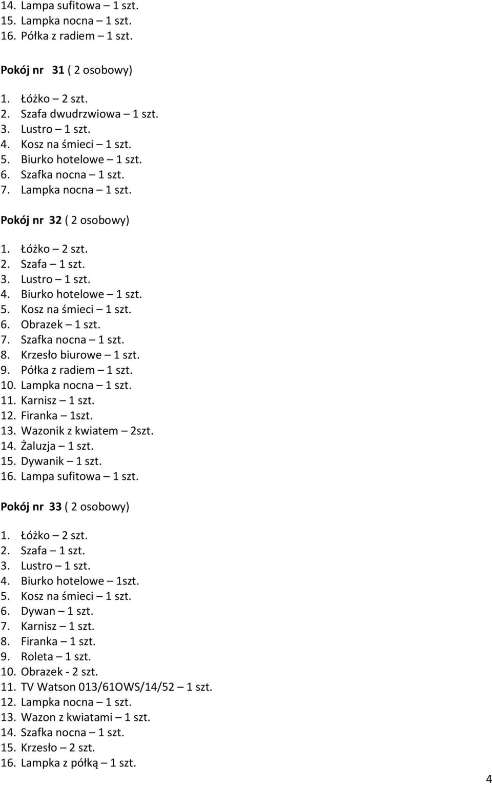 Karnisz 1 szt. 12. Firanka 1szt. 13. Wazonik z kwiatem 2szt. 14. Żaluzja 1 szt. 15. Dywanik 1 szt. 16. Lampa sufitowa 1 szt. Pokój nr 33 ( 2 osobowy) 4. Biurko hotelowe 1szt. 6. Dywan 1 szt. 7.